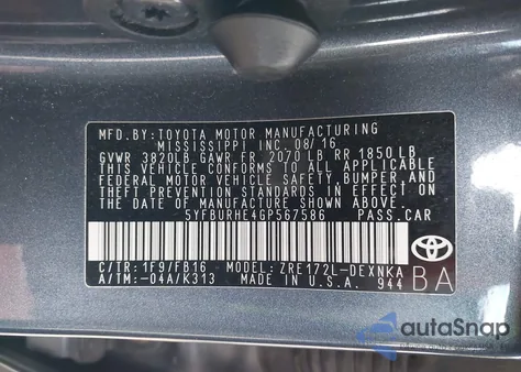 2016 Toyota Corolla Le из США, поврежденный, VIN 5YFBURHE4GP567586